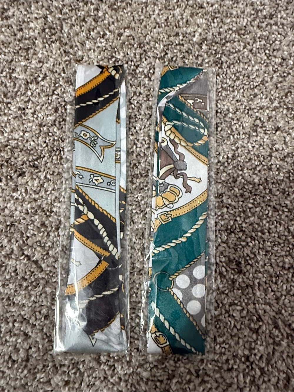 Patterned Silk Scarf Twilly Set - Teal, Black, Gold